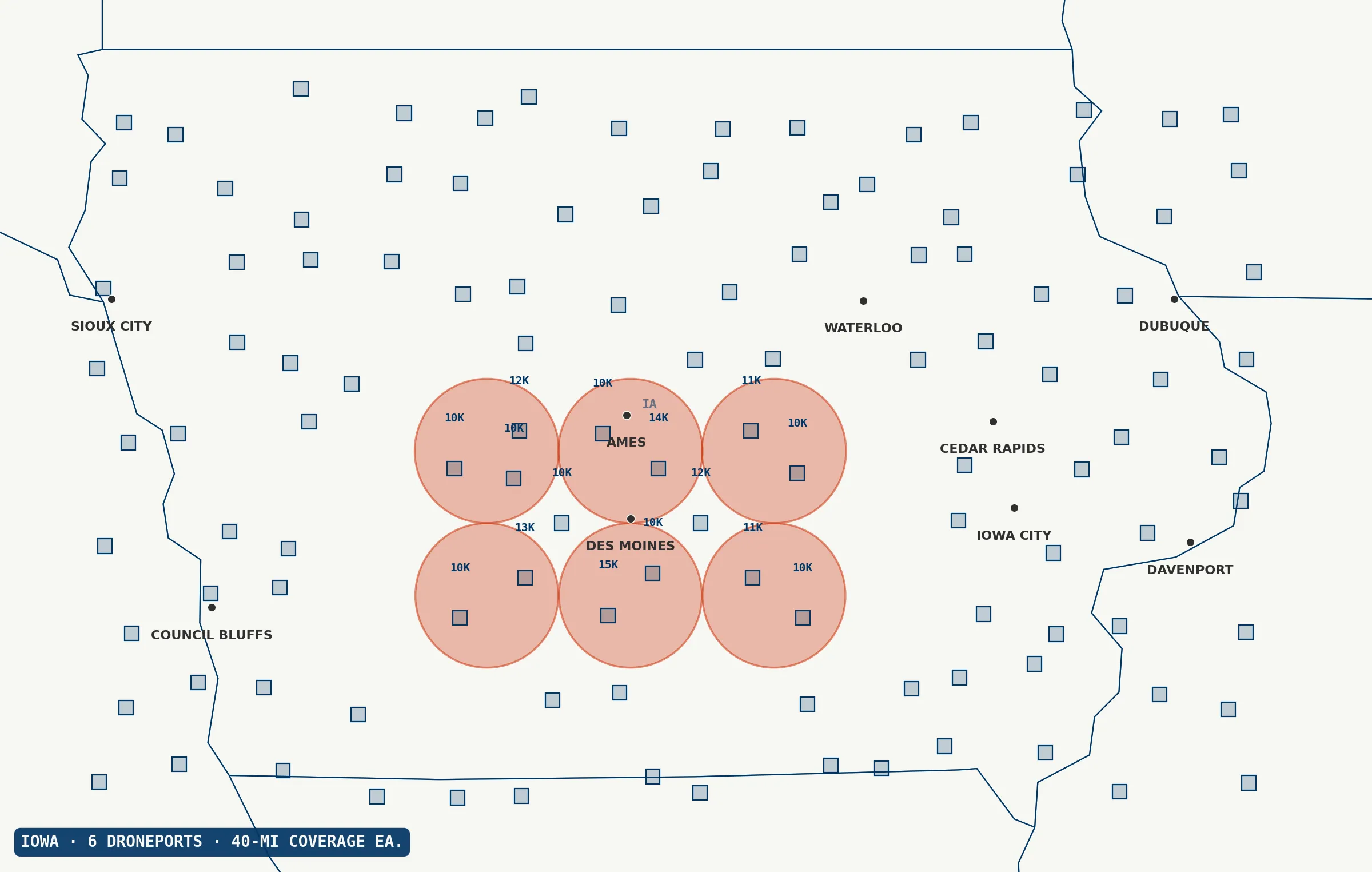Central Iowa coverage map · whole-farm imaging from a single droneport