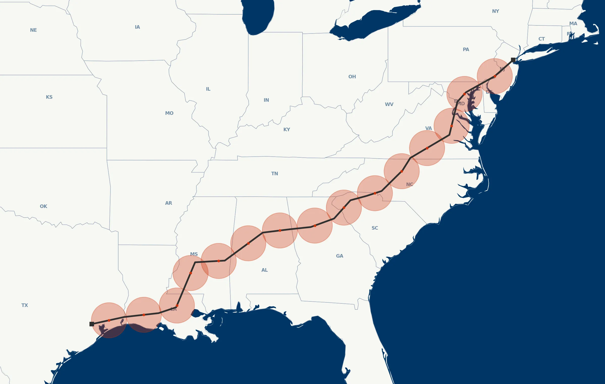 Illustrative map: a multi-state pipeline system covered end-to-end by a networked Droneforce fleet
